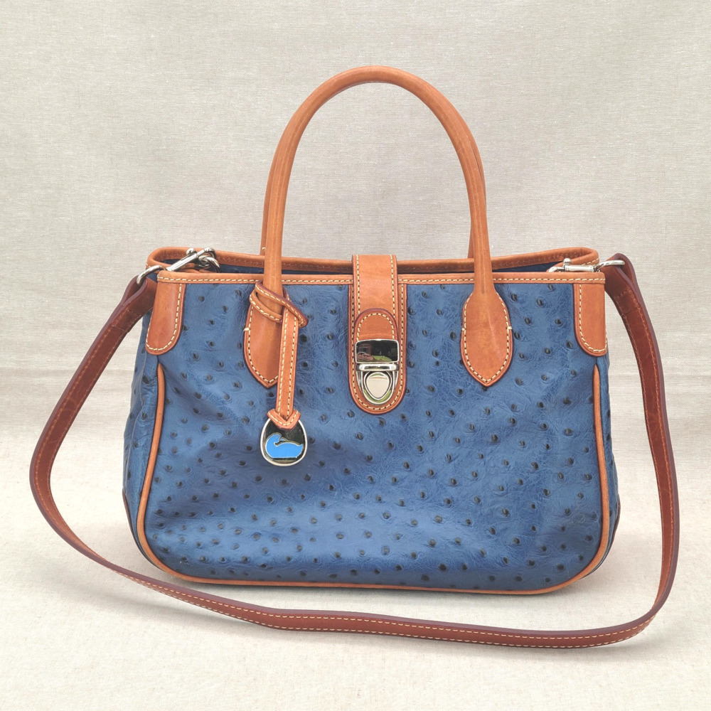 Dooney & Bourke Blue Ostrich Satchel Bag Leather Trim Shoulder Strap Charm